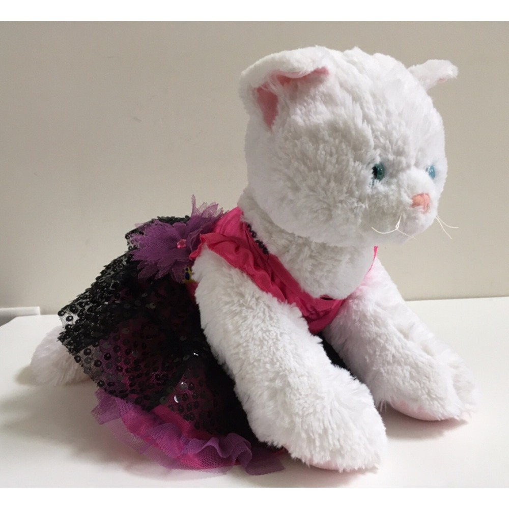Build A Bear Cat Kitten Plush Aqua Blue Eyes 2013 w/ Gorgeous Pink Sequin Outfit